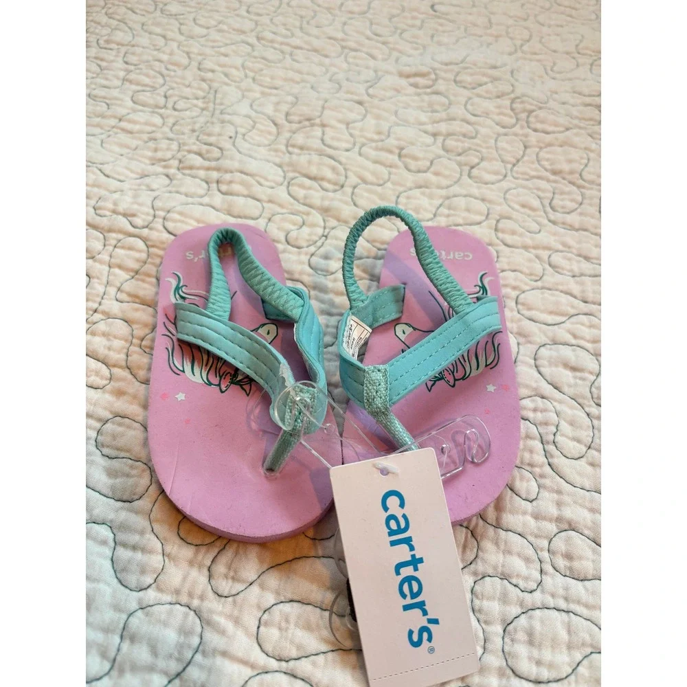 Carters Toddler Girls Pink Unicorn Flip Flop Sandals Elastic Back Strap Size 5-6